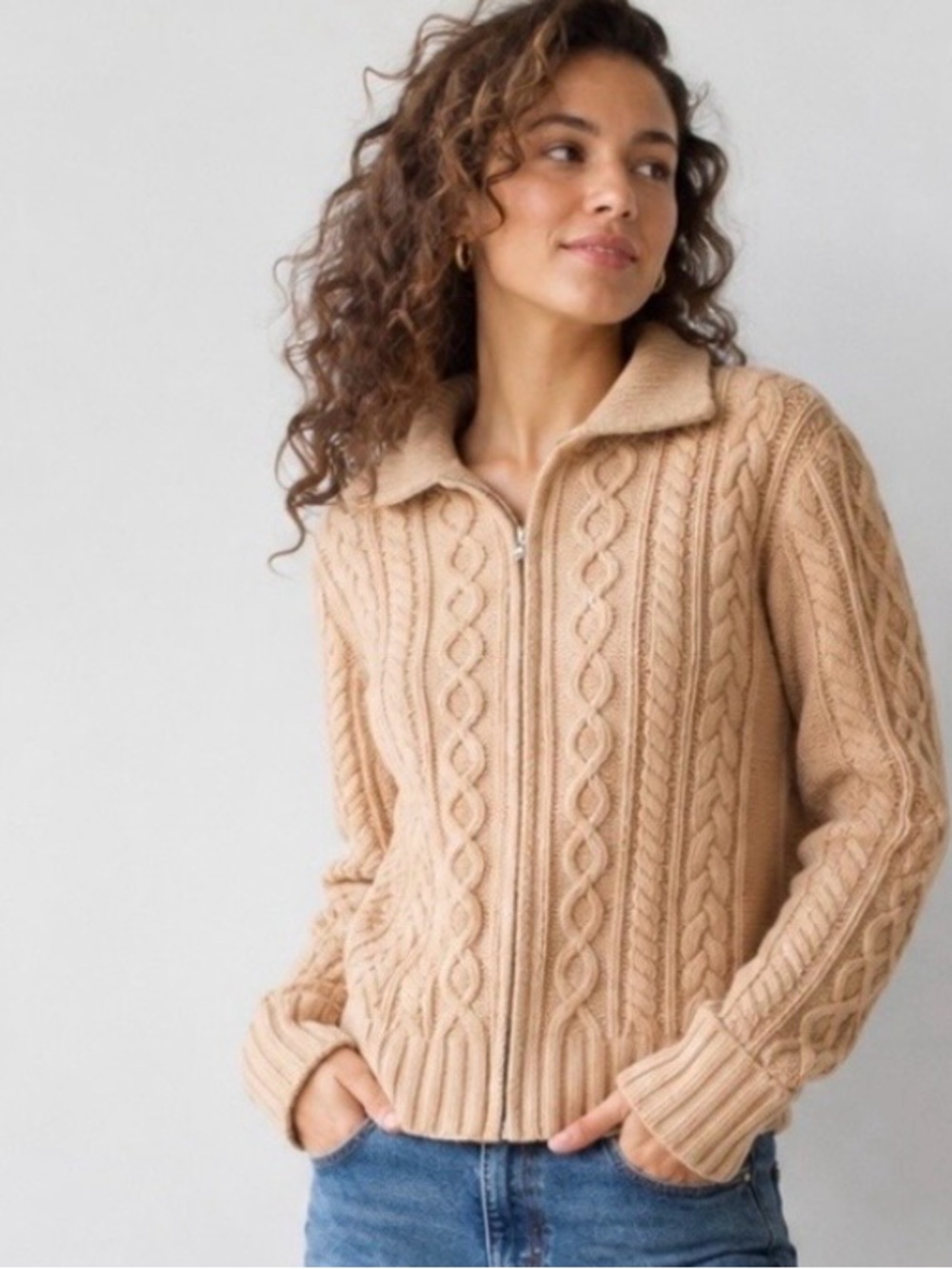 Gap Vintage Y2K Wool Cable Knit Zip Up Cardigan Sweater Tan L Fisherman Preppy